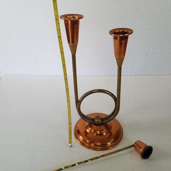 Vintage Coppercraft Guild Double Taper 10" Candle Holder Copper Brass & Snuffer - Picture 7 of 9